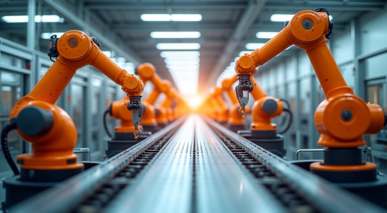 Modern automated manufacturing facility with intelligent data overlays on production machinery